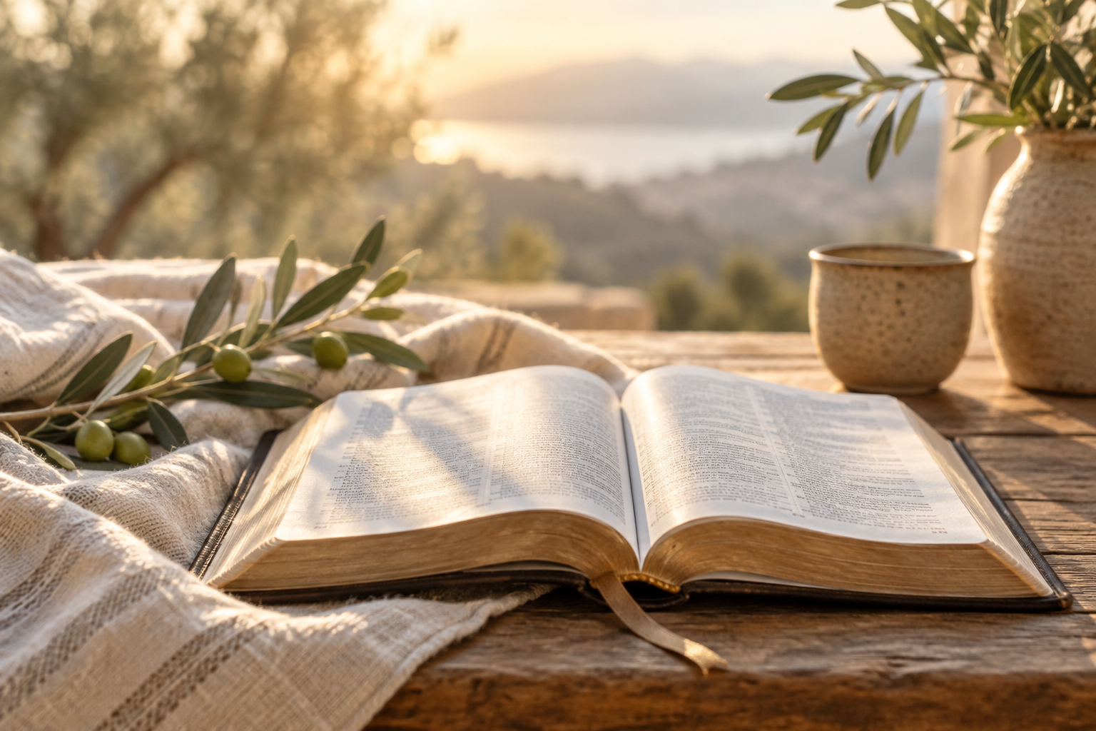 Open Bible with an olive branch in warm sunlight